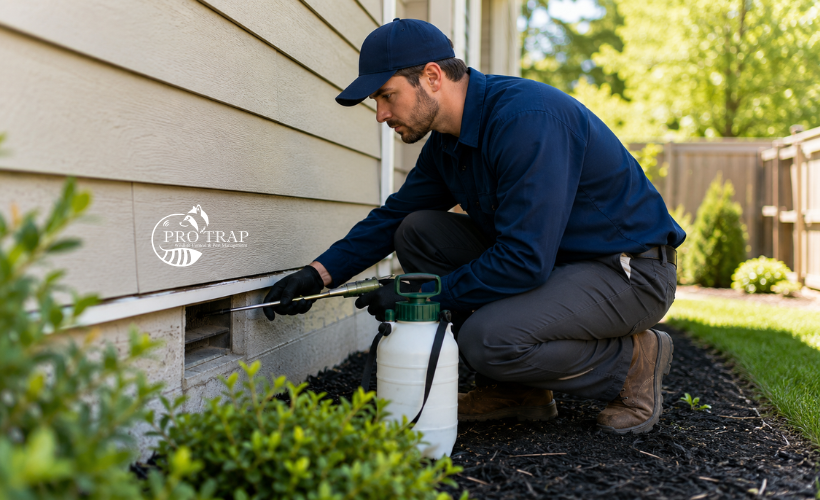 Pest control technician kneels by a house foundation, applying treatment with a sprayer near the ground.
