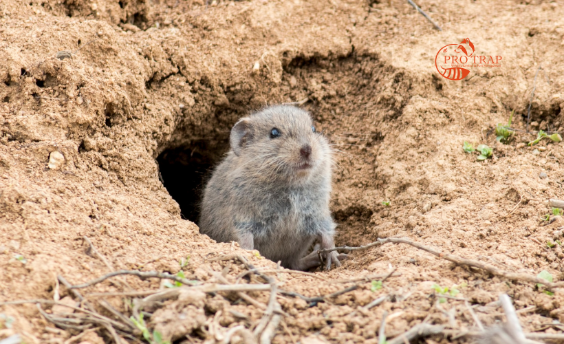 Young grey vole peeking out of a burrow in sandy soil, with a dirt mound around the entrance (Pro Trap logo in corner).